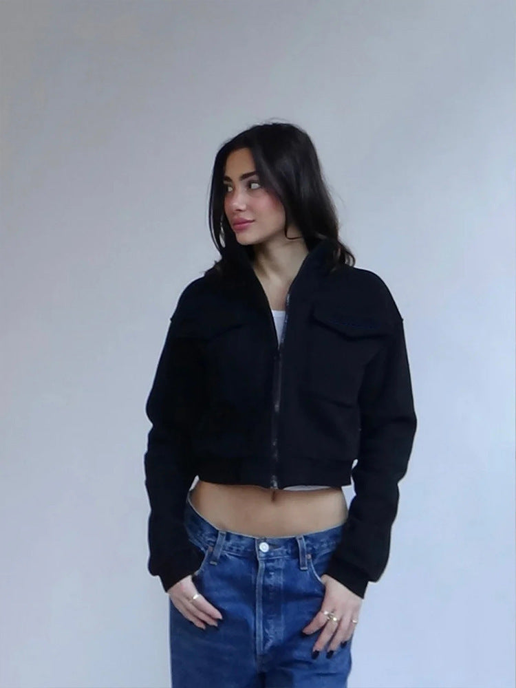 Veste Femme Décontractée Mode Européenne & Américaine, Uni, Fermeture Zippée, Manches Longues, Poches Décoratives