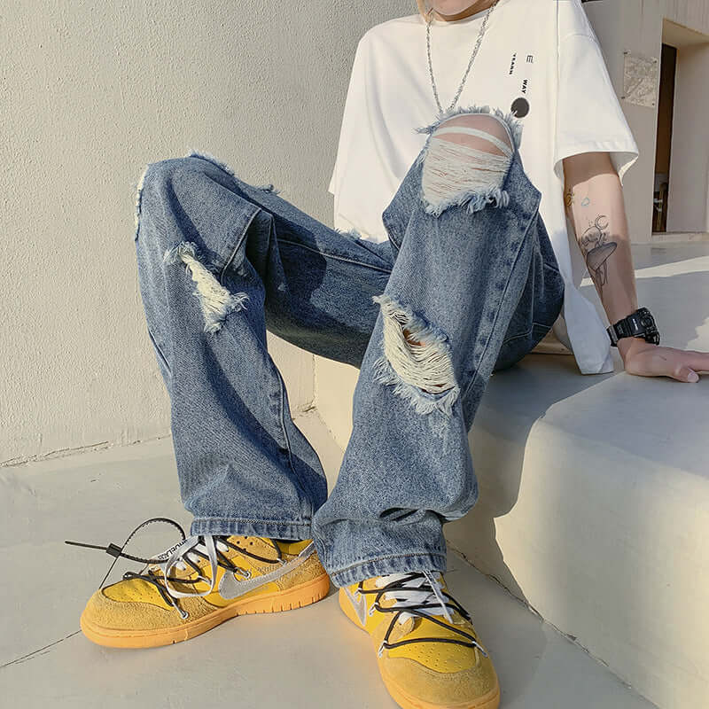 Ripped jeans, men's summer ins, high street, loose beggars, wide-leg pants, design sense, niche trendy brand straight pants