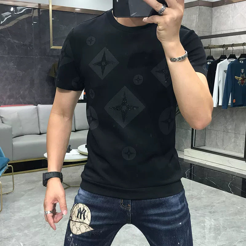 European station short sleeve men's t male couple wear 2025 spring and summer new personality hot brick print slim base