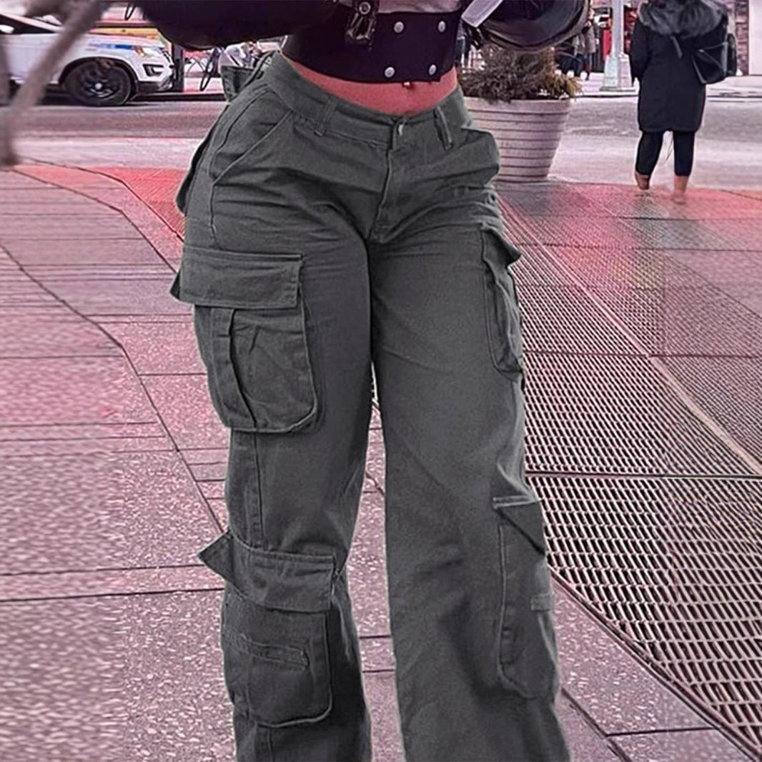 Pantalon cargo femme style américain rétro Multi-poches, coupe décontractée, inspiration tactique