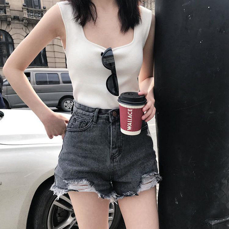 Short en Jean Femme Taille Haute, Évasé & Effet Usé