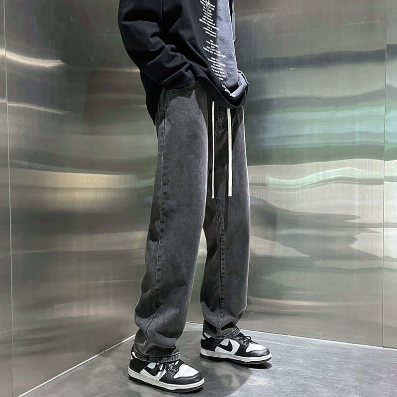 Shopee with black and gray jeans men's summer loose straight-leg trousers, trendy brand high street vibe style pants men