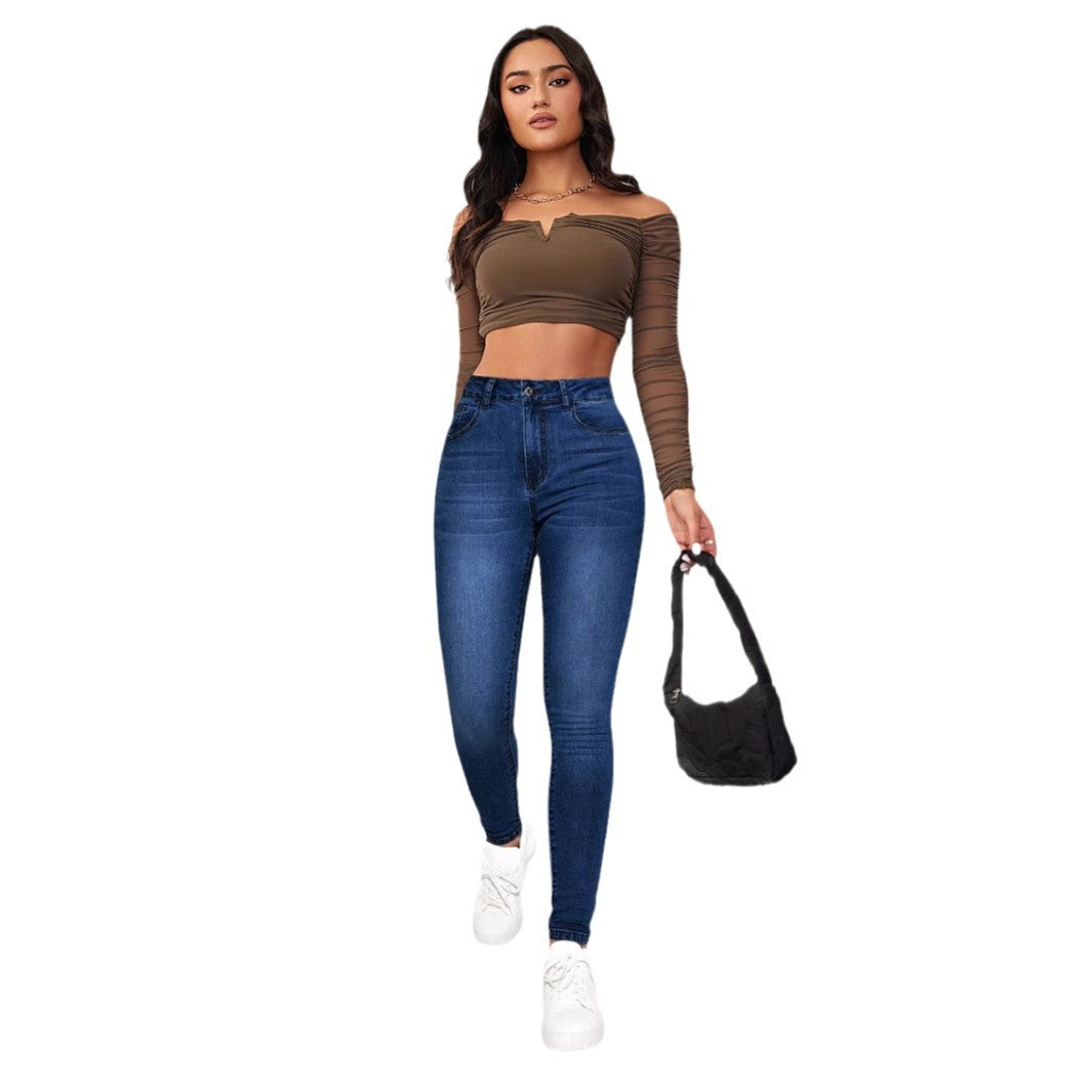 Jean skinny femme tendance Taille haute sexy, effet push-up, extensible, coupe jambe fine, en stock