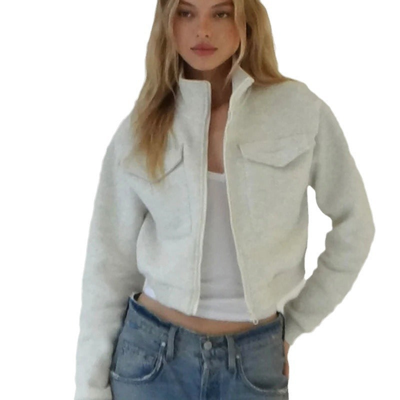 Veste Femme Décontractée Mode Européenne & Américaine, Uni, Fermeture Zippée, Manches Longues, Poches Décoratives