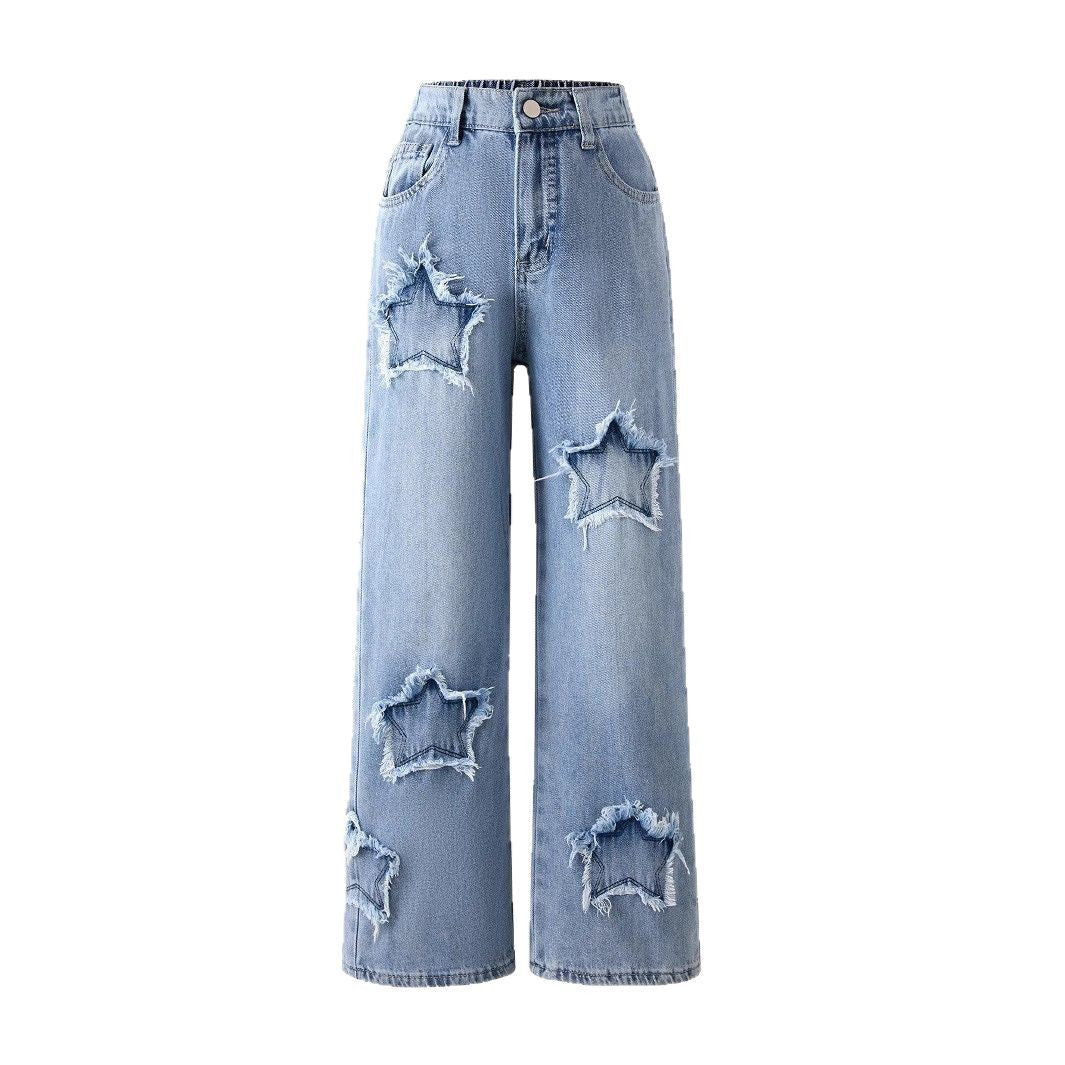 Jean Large à Taille Élastique avec Décoration Étoilée Style Tendance pour Adolescentes