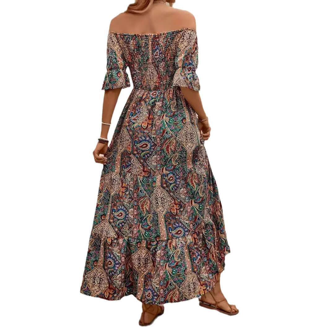 2024 European and American cross-border temu women's clothing hot sale exotic bohemian resort style one-shoulder princess sleeve dress