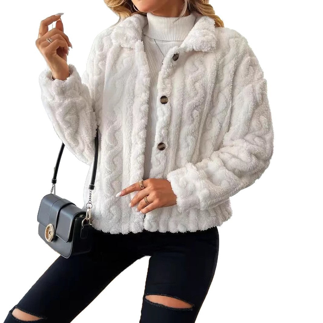 Veste courte en peluche pour lautomne et lhiver Cardigan à col revers, boutons, couleur unie, doublure douce des deux côtés, style tendance européen et américain
