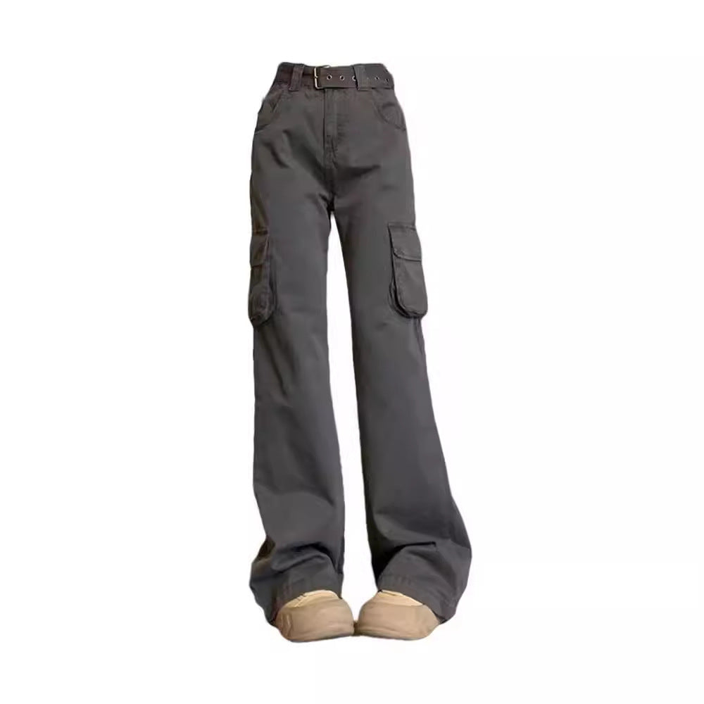 Pantalon cargo femme gris Coupe évasée, taille haute, décontracté, multi-poches, style américain, automne
