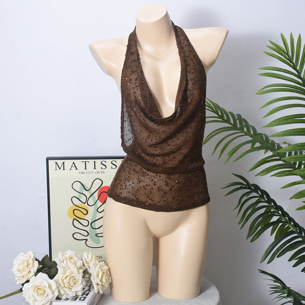 Top Brillant Dos Nu Femme Col V & Effet Transparent Chic