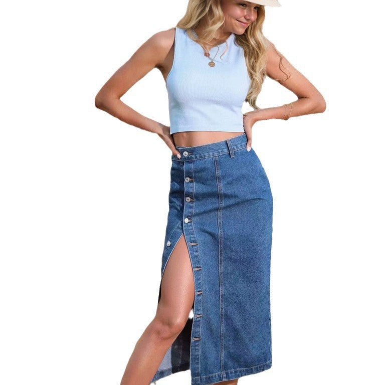 Jupe Longue en Jean Stretch Boutonnée & Élégante