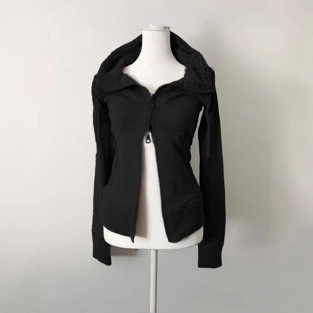 Cardigan vintage à capuche pour printemps et automne En laine dagneau grise, double fermeture éclair, taille cintrée, style rétro et chic