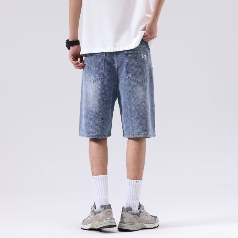 Summer new retro denim cropped shorts men's loose wide-leg niche design sense straight pants trend ins