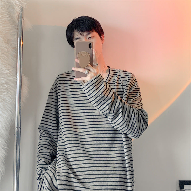 T-shirt à manches longues rayé en coton pour homme Style décontracté, idéal comme haut ou sous-couche