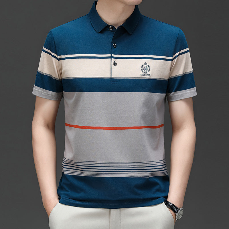 T-shirt homme exclusif en coton, manches courtes brodées, rayé, col polo décontracté, grande taille, modèle estival.