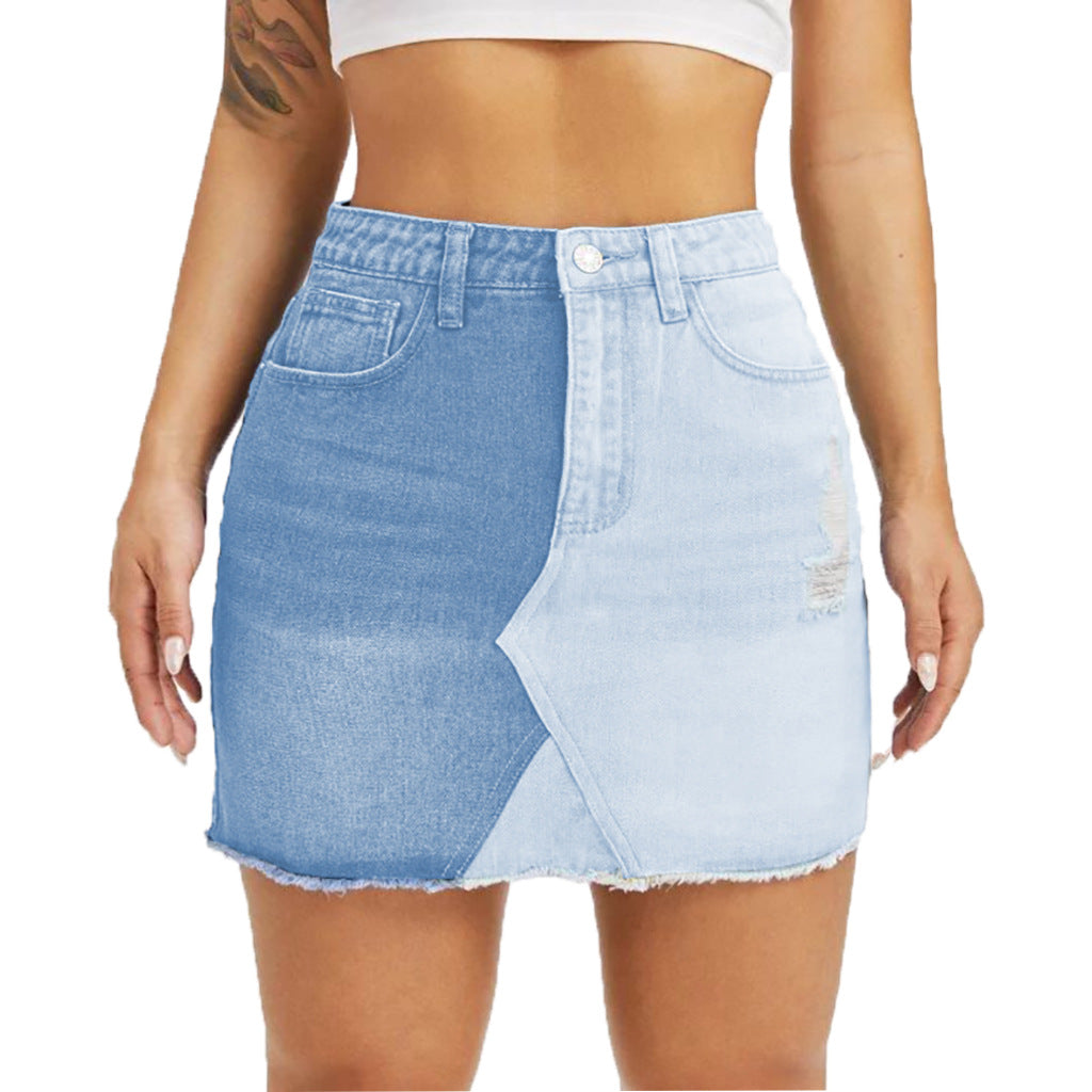 Jupe en Jean Stretch Bicolore Coupe Mi-Longue & Effet Sculptant