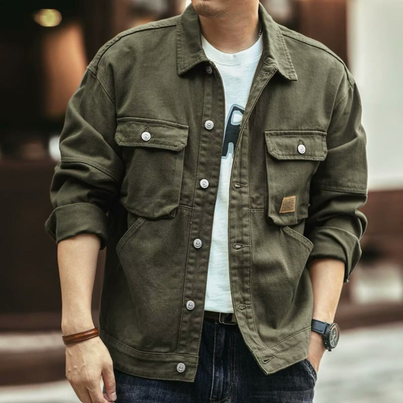Veste en jean rétro pour homme style américain, épaisse et délavée, inspiration workwear