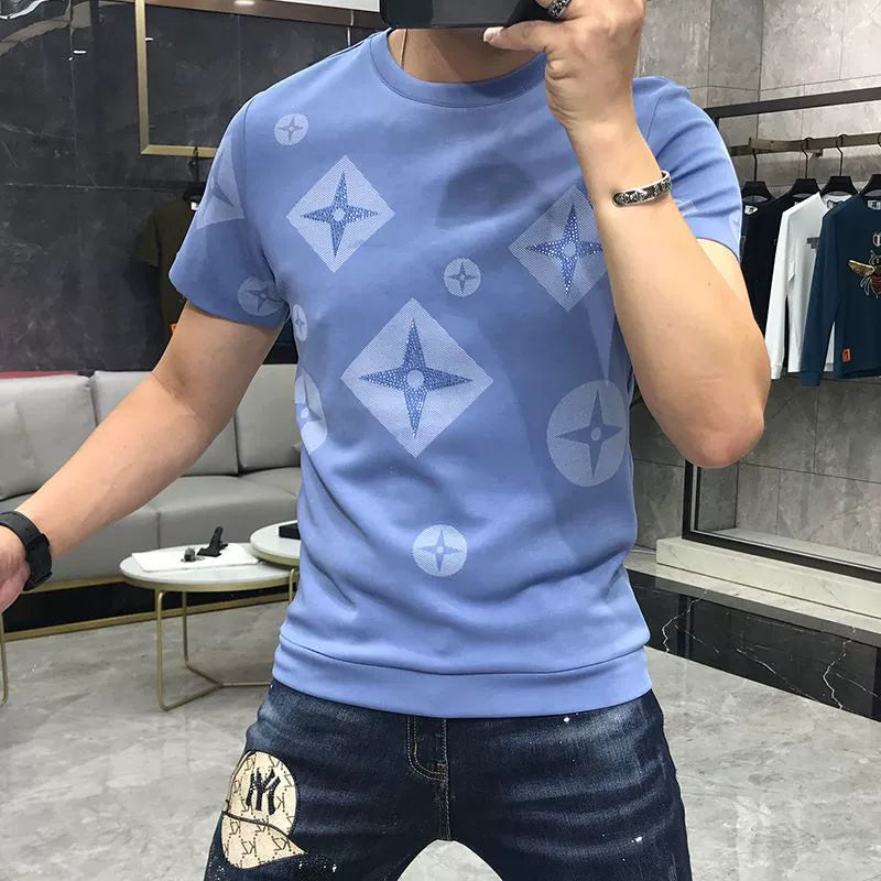 European station short sleeve men's t male couple wear 2025 spring and summer new personality hot brick print slim base