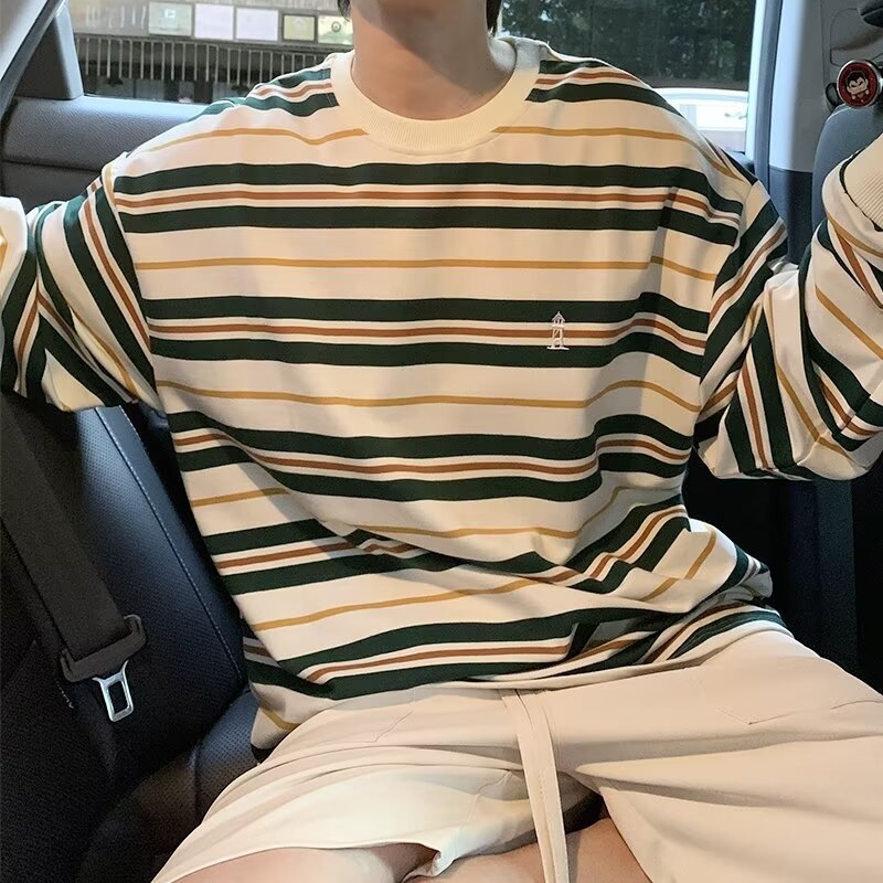 T-shirt à manches longues rayé en coton pour homme Style décontracté, idéal comme haut ou sous-couche