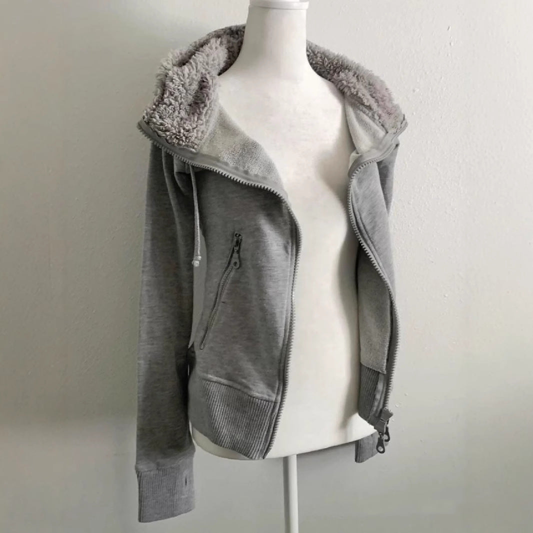 Cardigan vintage à capuche pour printemps et automne En laine dagneau grise, double fermeture éclair, taille cintrée, style rétro et chic