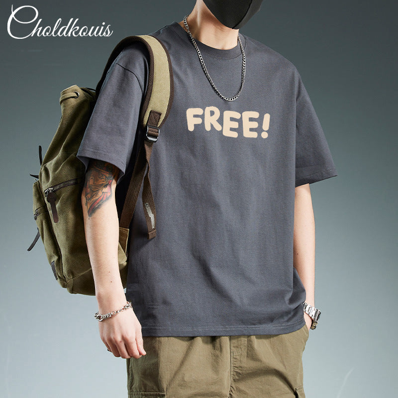 T-shirt homme en coton épais manches courtes, imprimé sobre, coupe ample et confortable