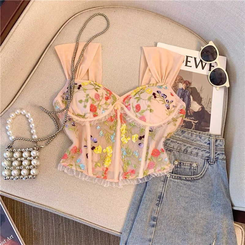 Embroidered Lace Sling Beautiful Back With Chest Pad Fishbone Short Vest