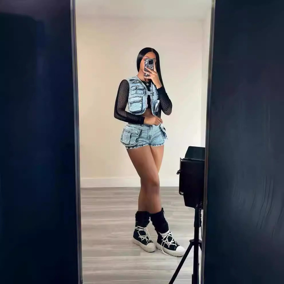 Ensemble Femme Débardeur & Short en Jean Stretch à Multi-Poches