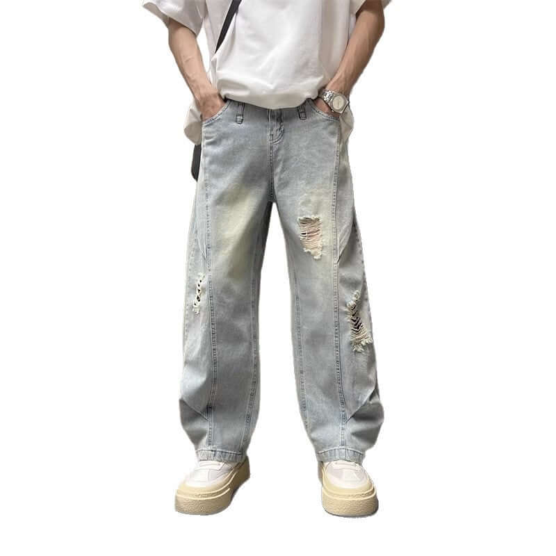 Cross border men's ripped jeans, American retro yellow mud washed ripped jeans, men's summer thin jeans, men