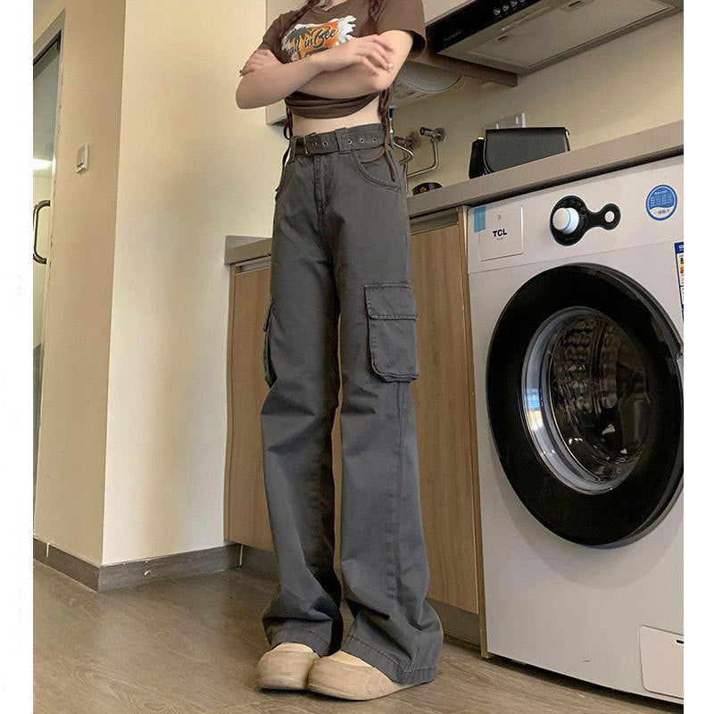 Pantalon cargo femme gris Coupe évasée, taille haute, décontracté, multi-poches, style américain, automne