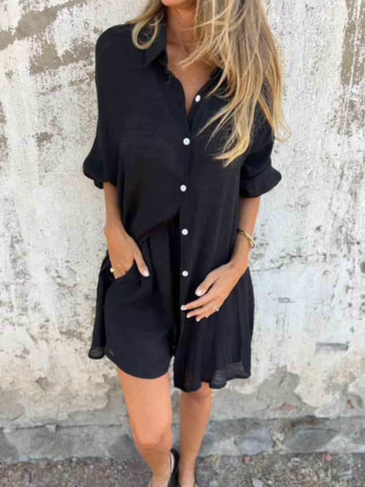 Ensemble Décontracté Femme Chemise Froissée & Short Lin Coton