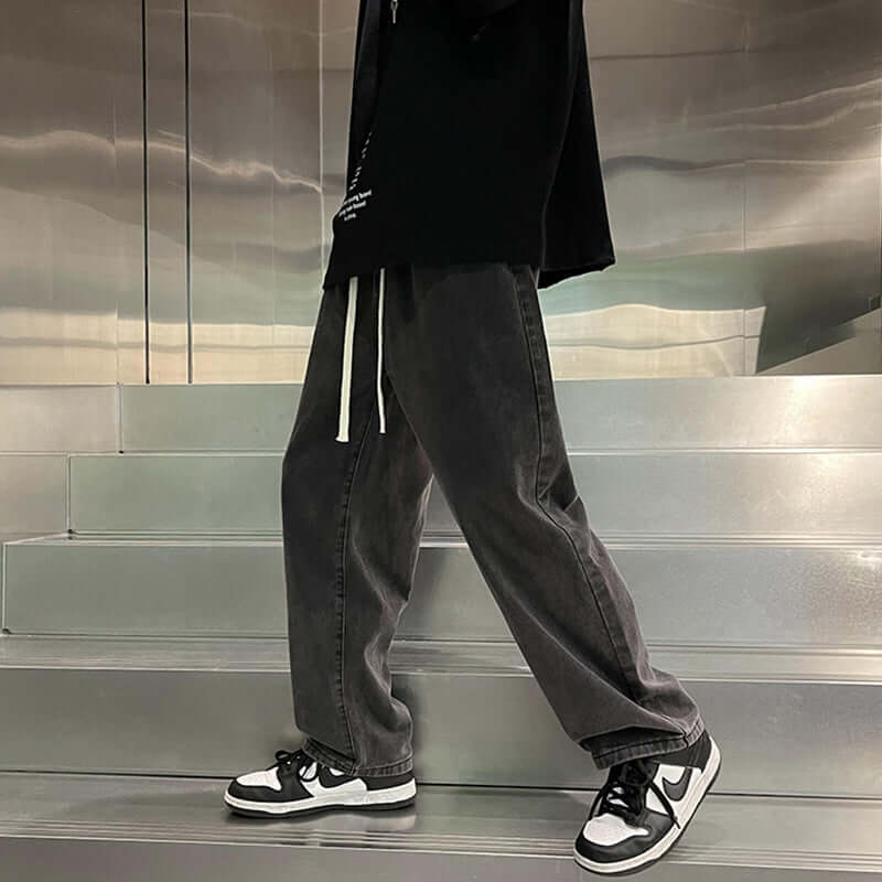 Shopee with black and gray jeans men's summer loose straight-leg trousers, trendy brand high street vibe style pants men