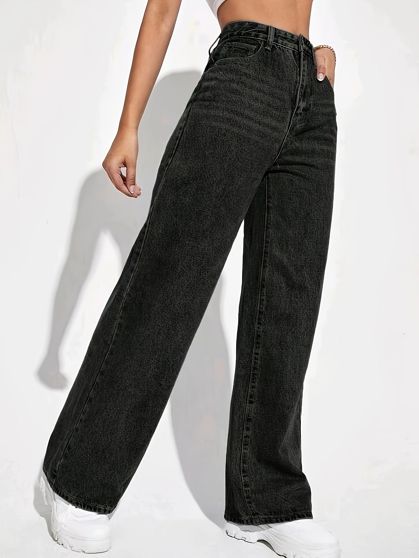 Jean droit femme Coupe large, effet délavé vintage, style rétro décontracté, pantalon polyvalent mode