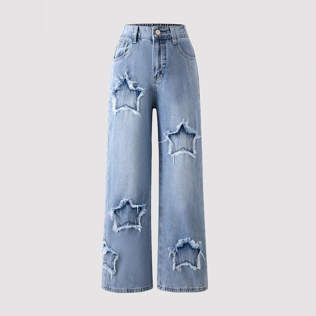 Jean Large à Taille Élastique avec Décoration Étoilée Style Tendance pour Adolescentes