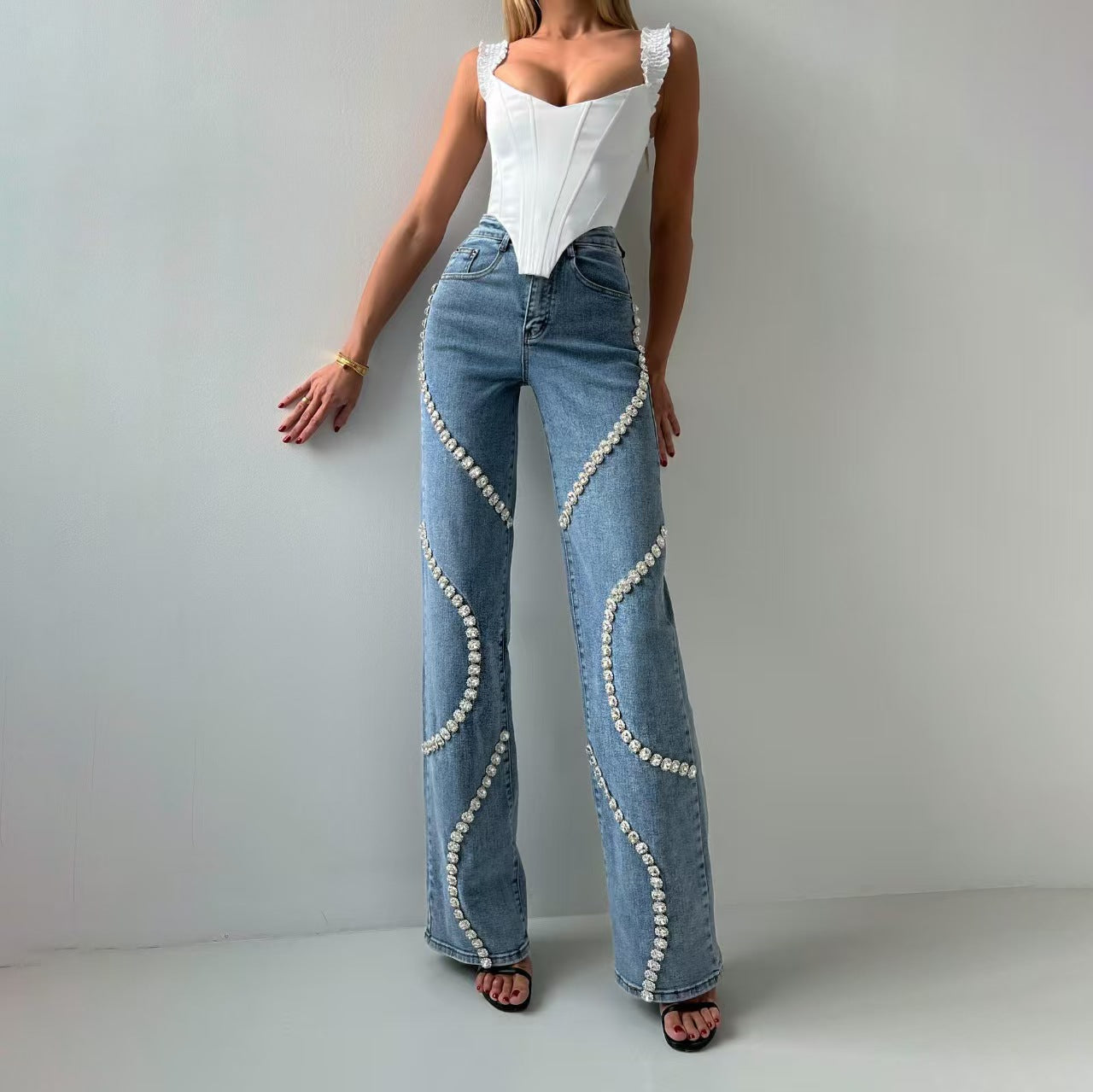 Jean Femme Droit à Strass Style Tendance Européen et Américain