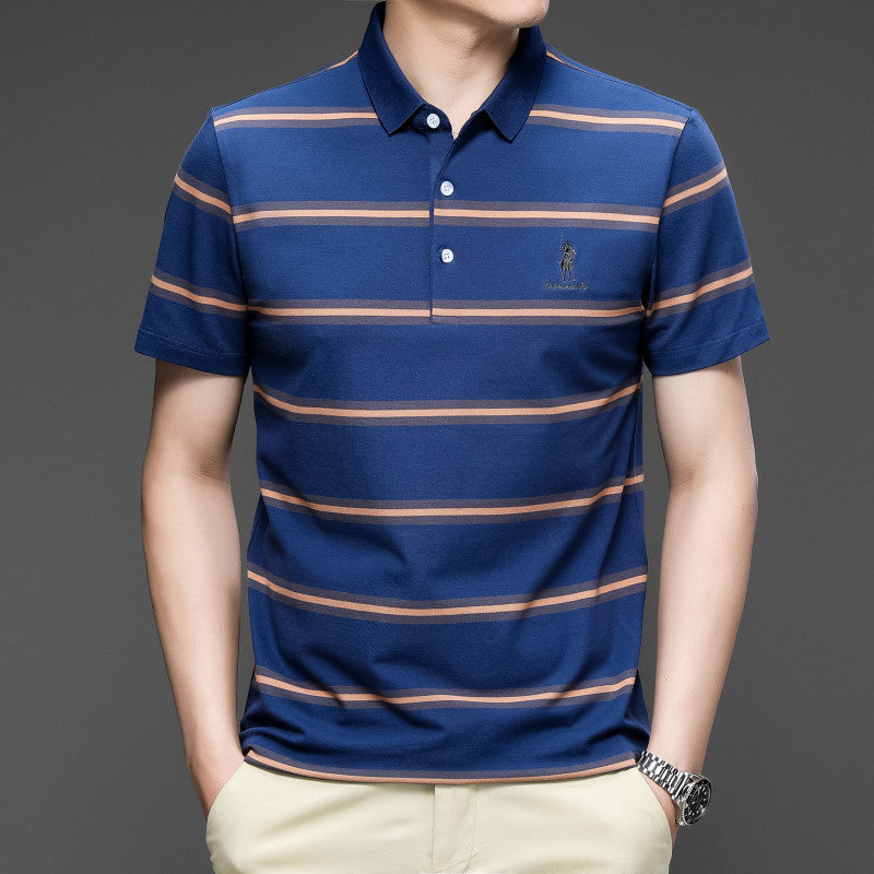 T-shirt homme exclusif en coton, manches courtes brodées, rayé, col polo décontracté, grande taille, modèle estival.