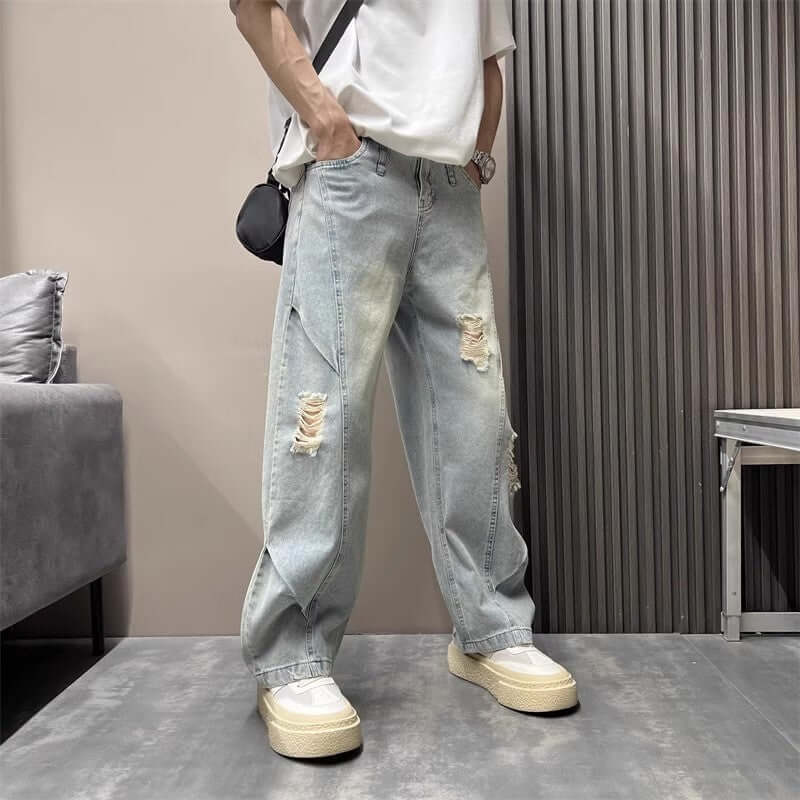Cross border men's ripped jeans, American retro yellow mud washed ripped jeans, men's summer thin jeans, men