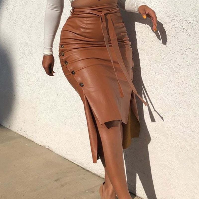 Jupe Moulante Mi-Longue en Simili-Cuir Taille Haute & Fente Sexy