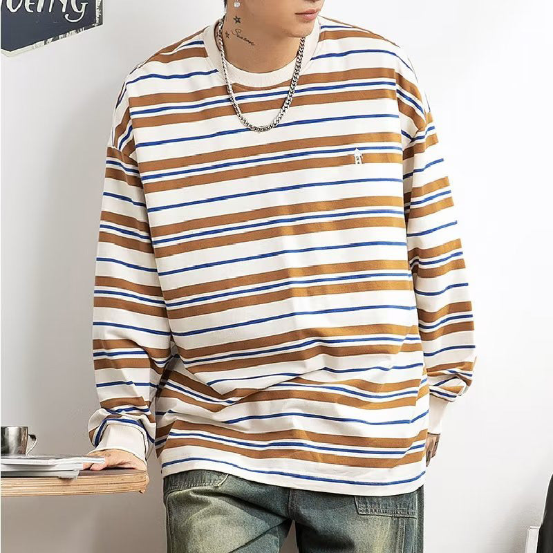 T-shirt à manches longues rayé en coton pour homme Style décontracté, idéal comme haut ou sous-couche