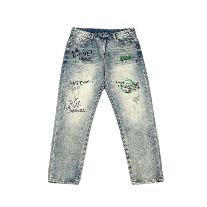 American retro street personality print straight-leg jeans, men's loose wash, frayed high street hip-hop trousers