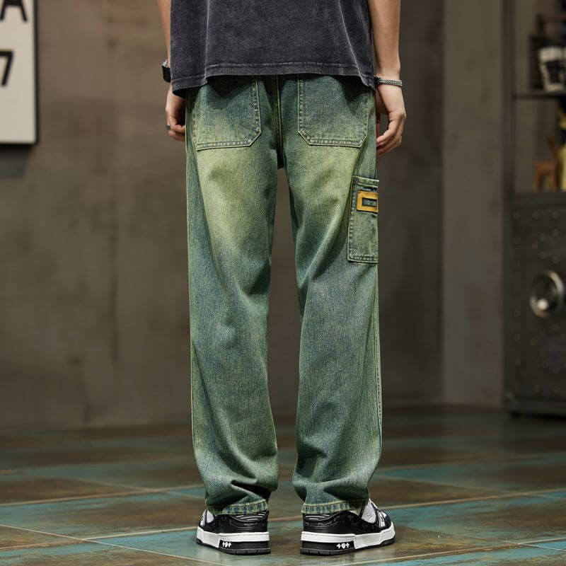 Korean version of cargo jeans spring and autumn new men's loose and versatile straight pants trend high-waisted men's pants four seasons