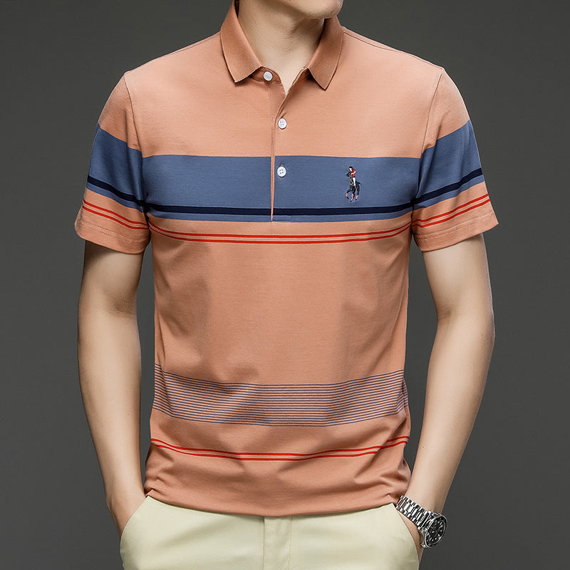 T-shirt homme exclusif en coton, manches courtes brodées, rayé, col polo décontracté, grande taille, modèle estival.
