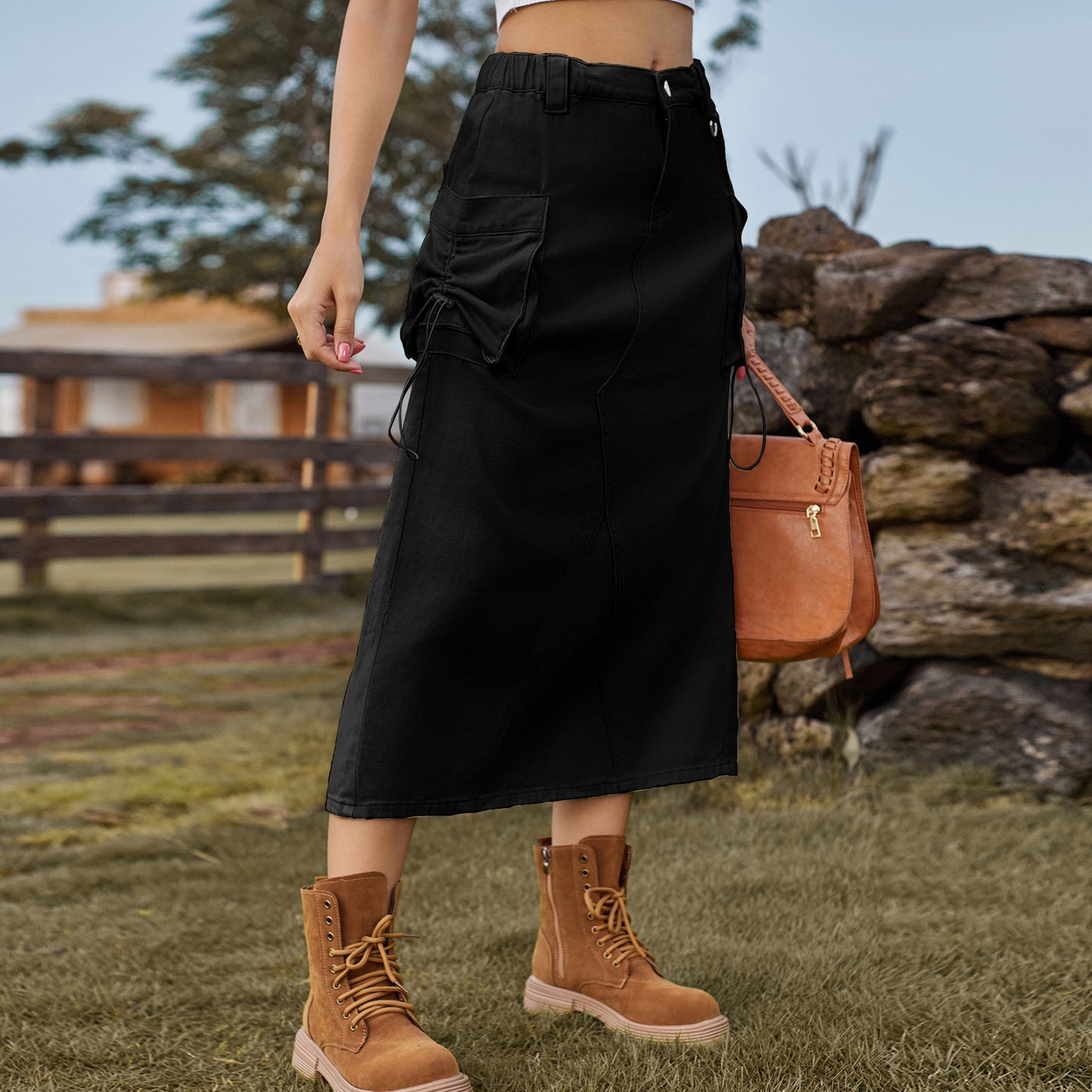 Jupe Midi en Jean Style Workwear Look Vintage Décontracté