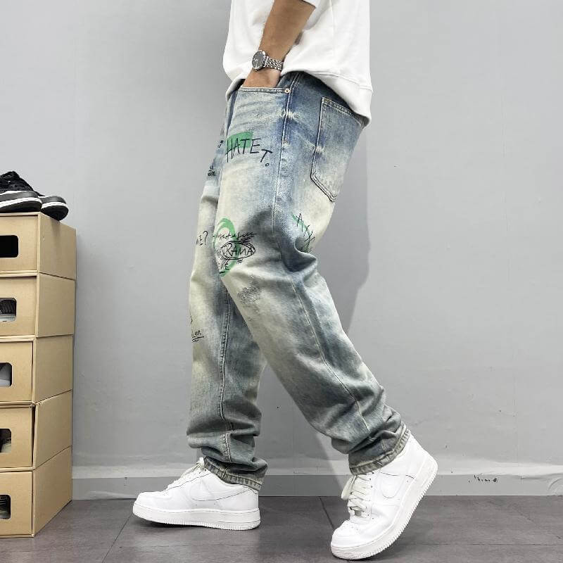 American retro street personality print straight-leg jeans, men's loose wash, frayed high street hip-hop trousers