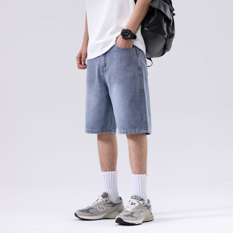 Summer new retro denim cropped shorts men's loose wide-leg niche design sense straight pants trend ins