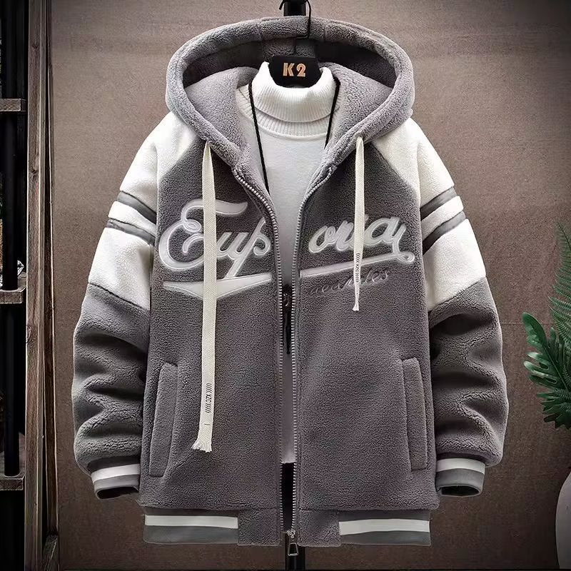 Veste à capuche en laine dagneau pour homme Épaisse, chaude, avec broderie, coupe ample et fermeture éclair