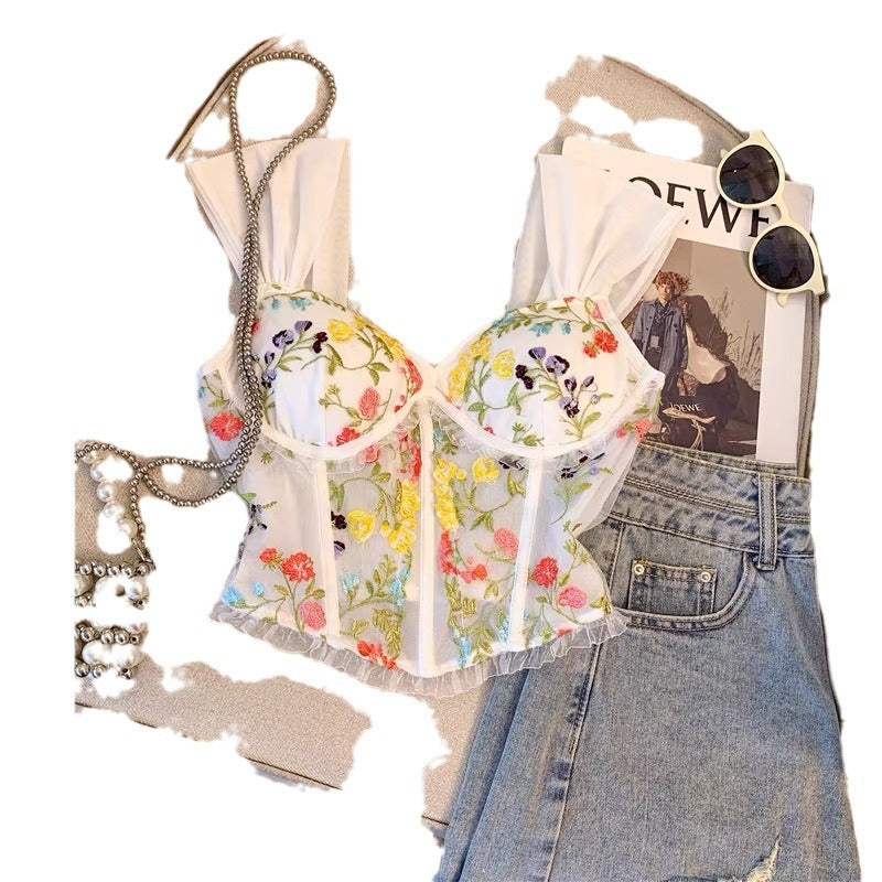 Embroidered Lace Sling Beautiful Back With Chest Pad Fishbone Short Vest