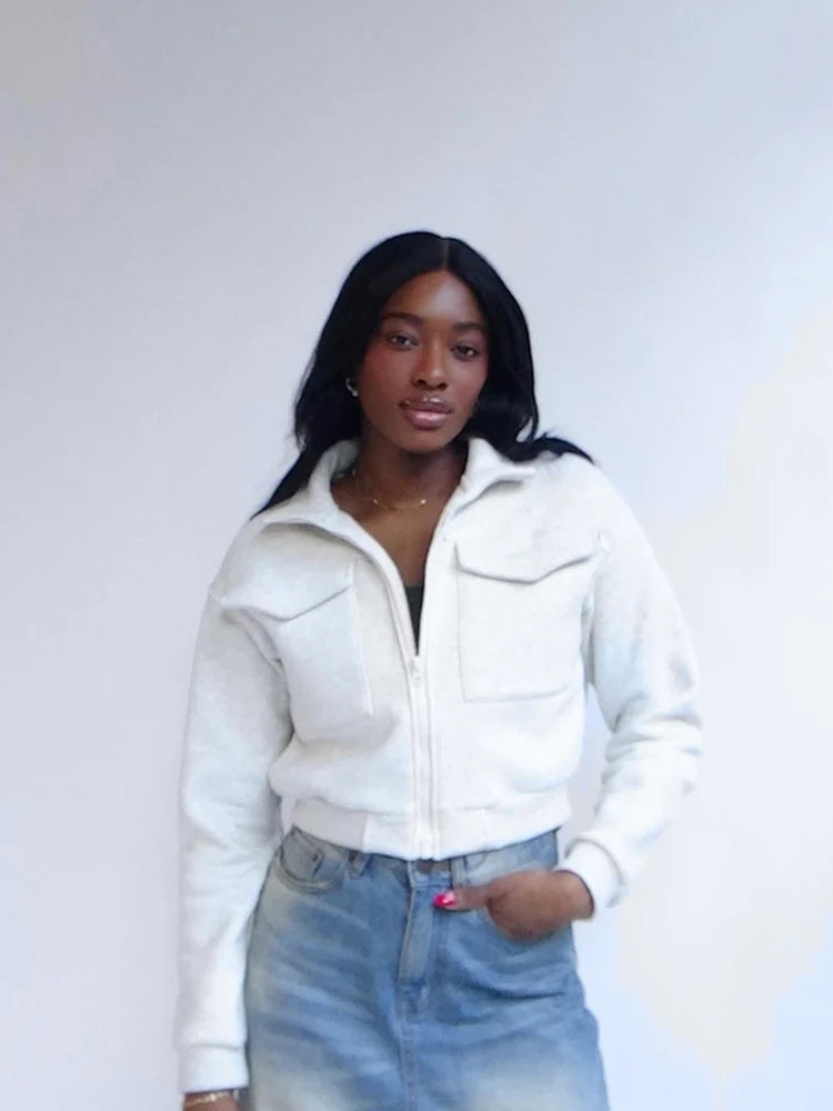 Veste Femme Décontractée Mode Européenne & Américaine, Uni, Fermeture Zippée, Manches Longues, Poches Décoratives