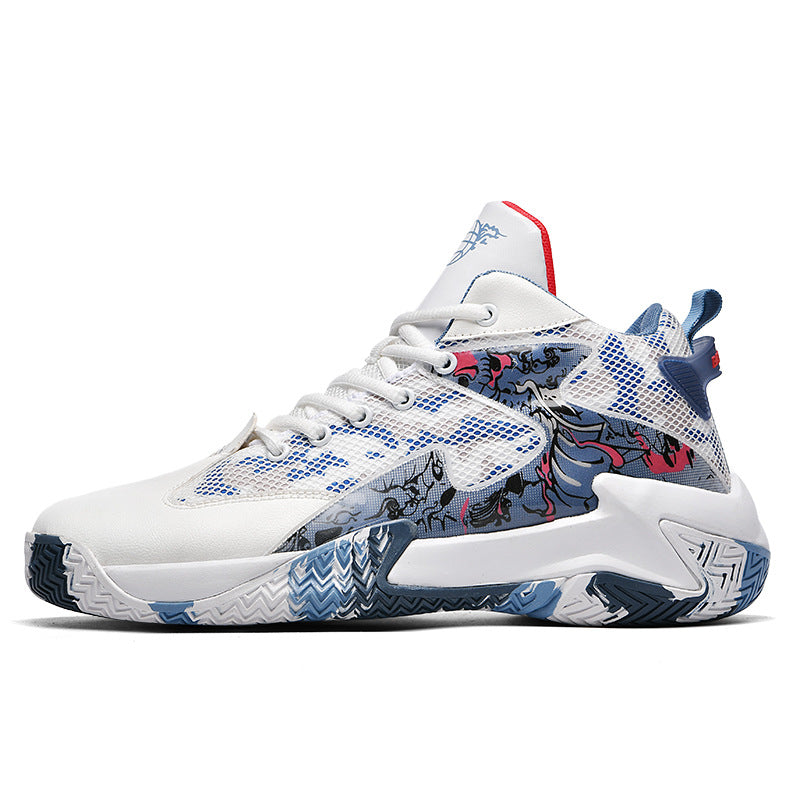 Baskets de basketball en mesh respirant, antidérapantes avec absorption des chocs, résistantes à l’usure, style ballon avec motif graffiti, sneakers jeunesse au style original.