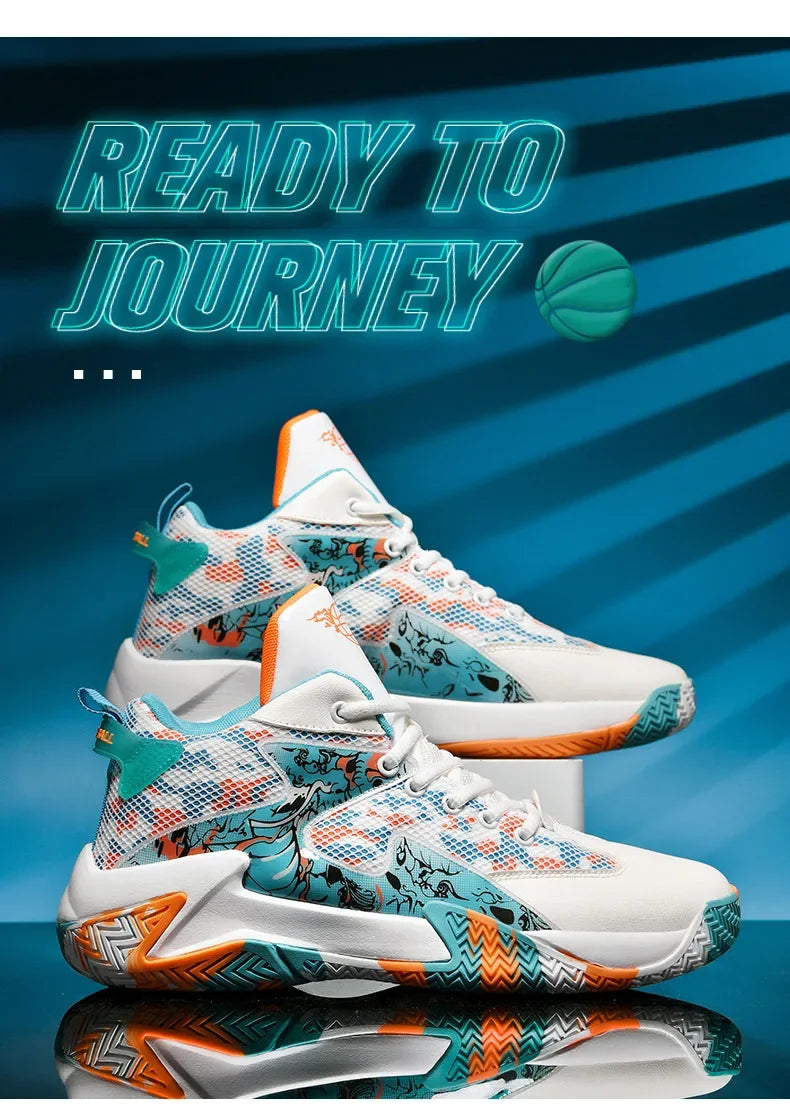 Baskets de basketball en mesh respirant, antidérapantes avec absorption des chocs, résistantes à l’usure, style ballon avec motif graffiti, sneakers jeunesse au style original.