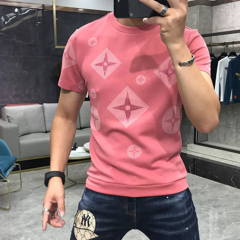European station short sleeve men's t male couple wear 2025 spring and summer new personality hot brick print slim base