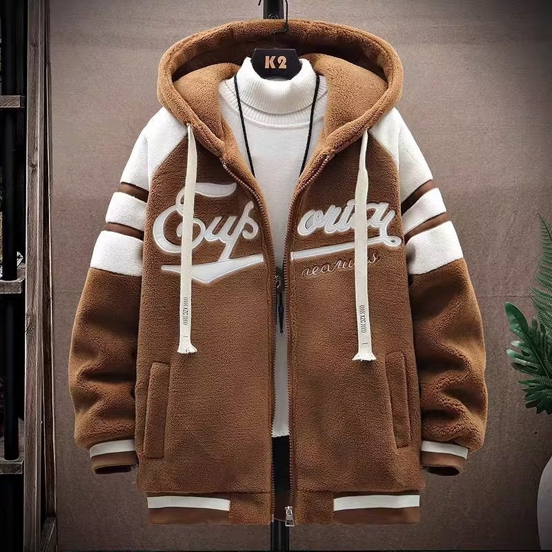 Veste à capuche en laine dagneau pour homme Épaisse, chaude, avec broderie, coupe ample et fermeture éclair